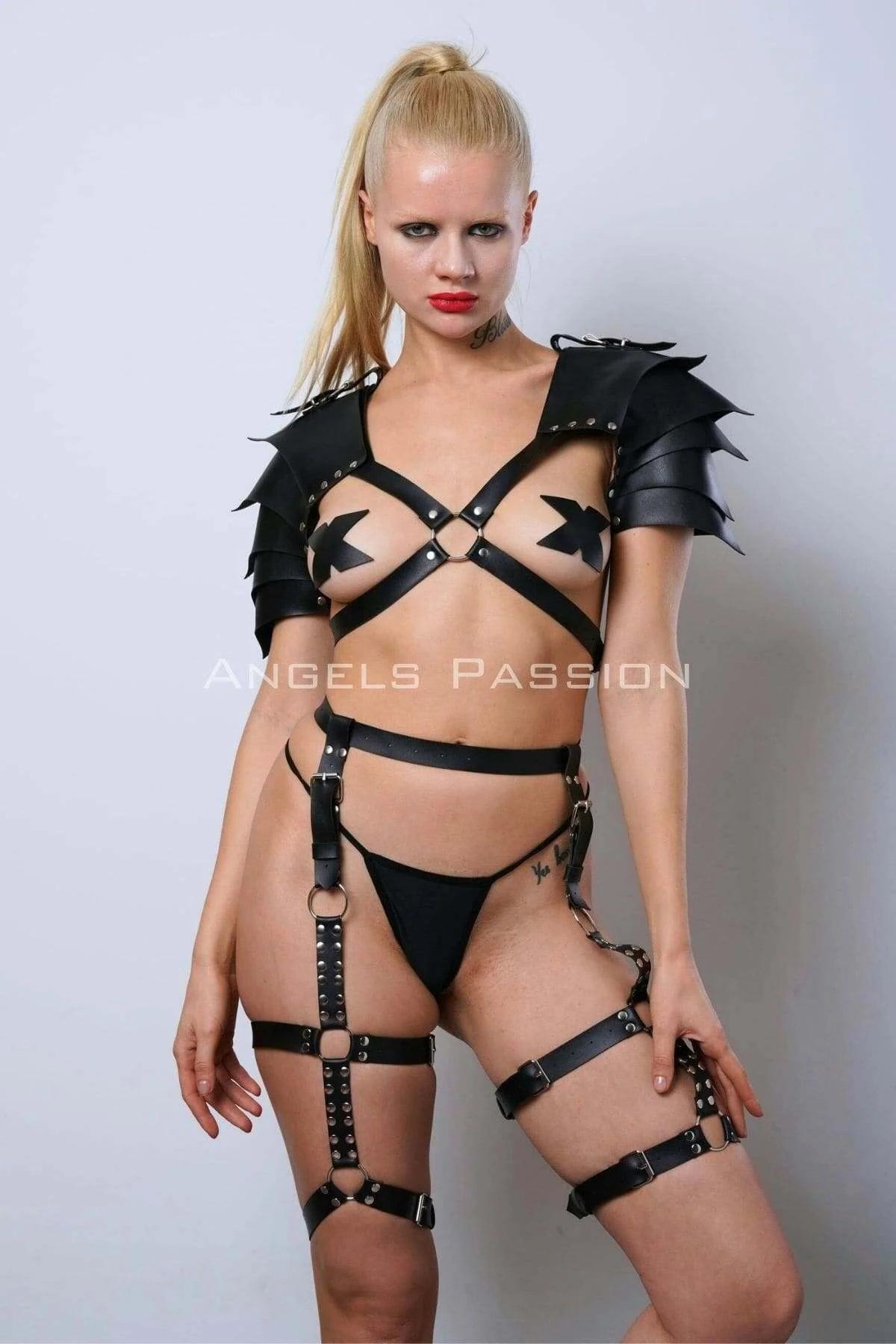 Gladiator Style Faux Leather Harness Set with Studded Shoulder Pads