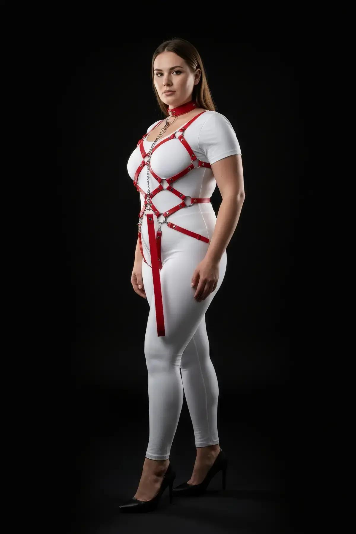 Red Faux Leather Body Harness with D-Ring Chains