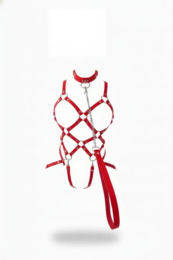 Red Faux Leather Caged Body Harness with Chain Leash