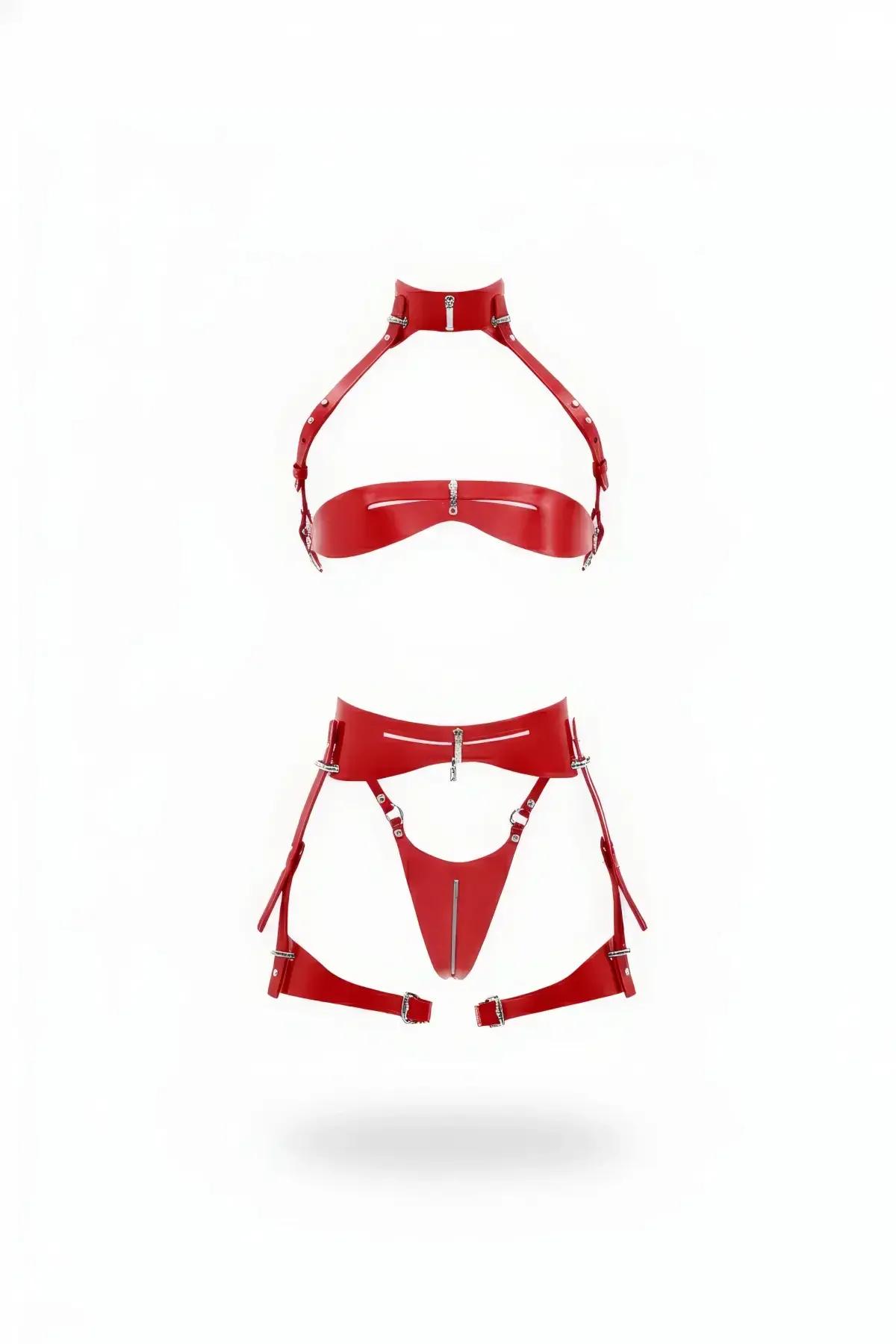 Red Faux Leather Bra Harness & Garter Set