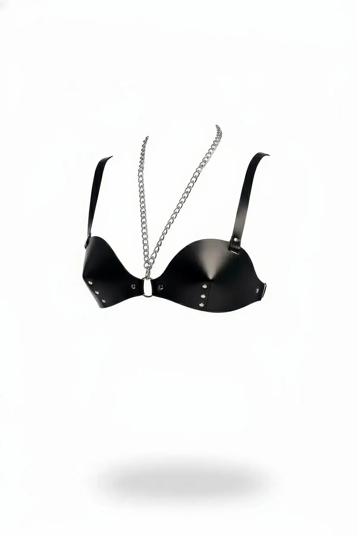 Studded Faux Leather Bra Top Harness with Chain Detail