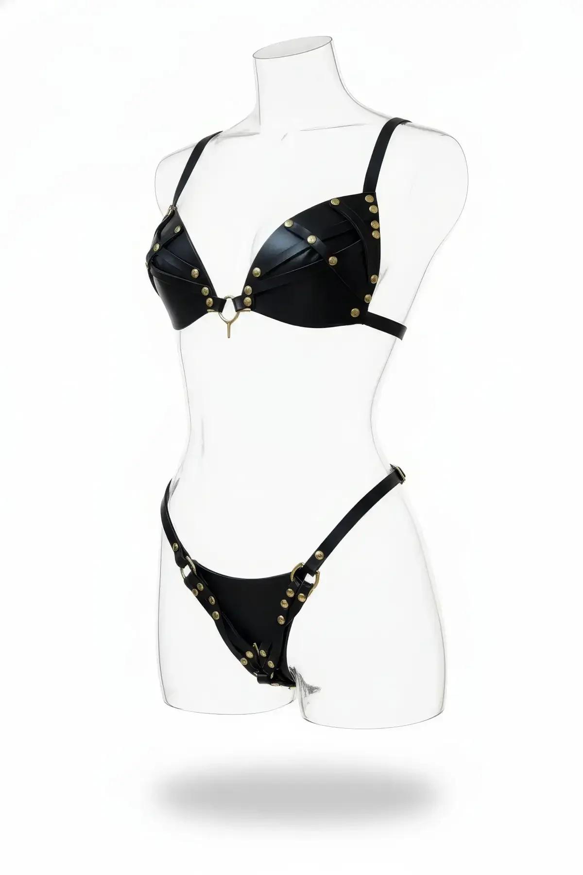 Studded Faux Leather Harness Bra & Thong Set