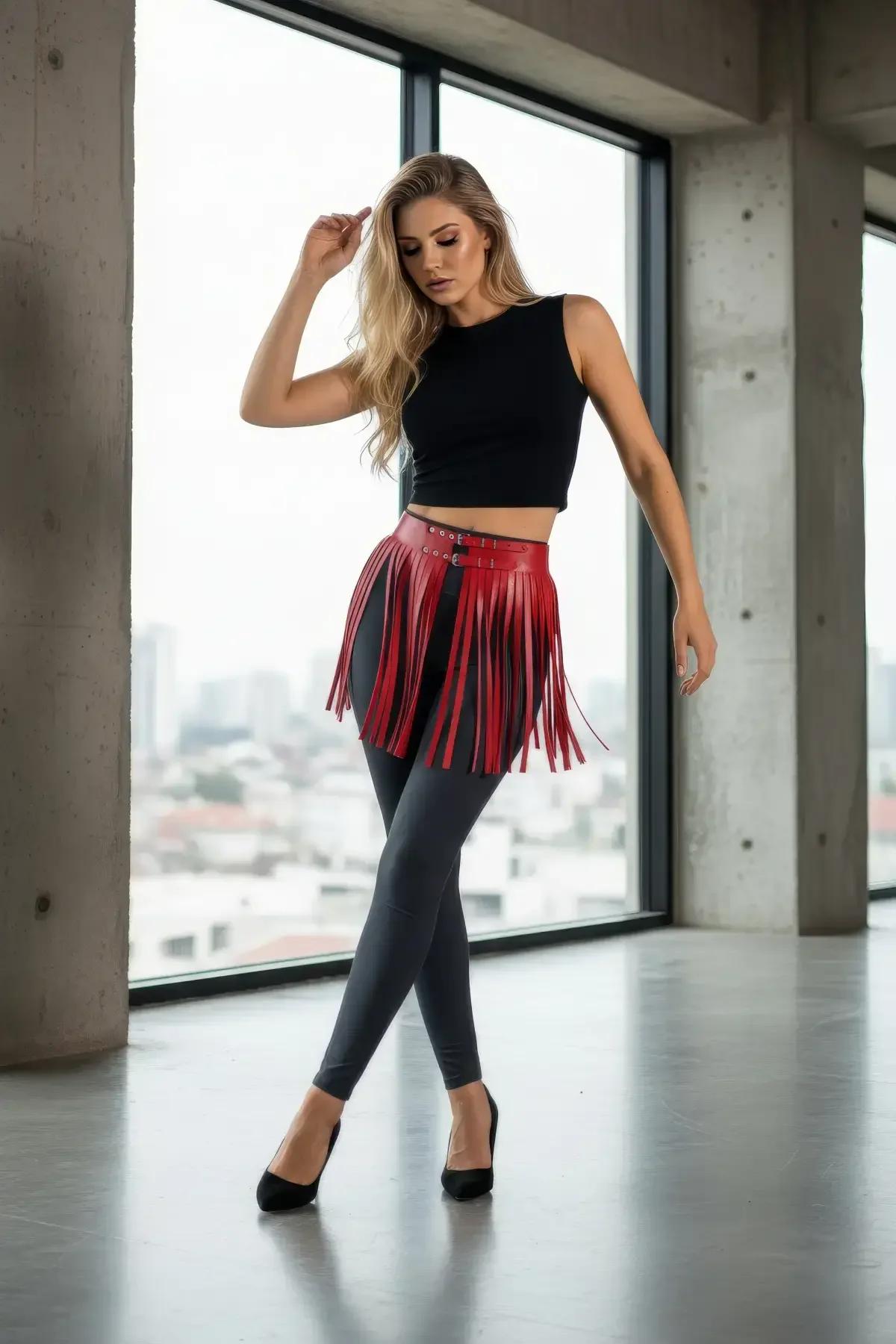 Red Fringe Waist Belt with Vegan Leather Tassels
