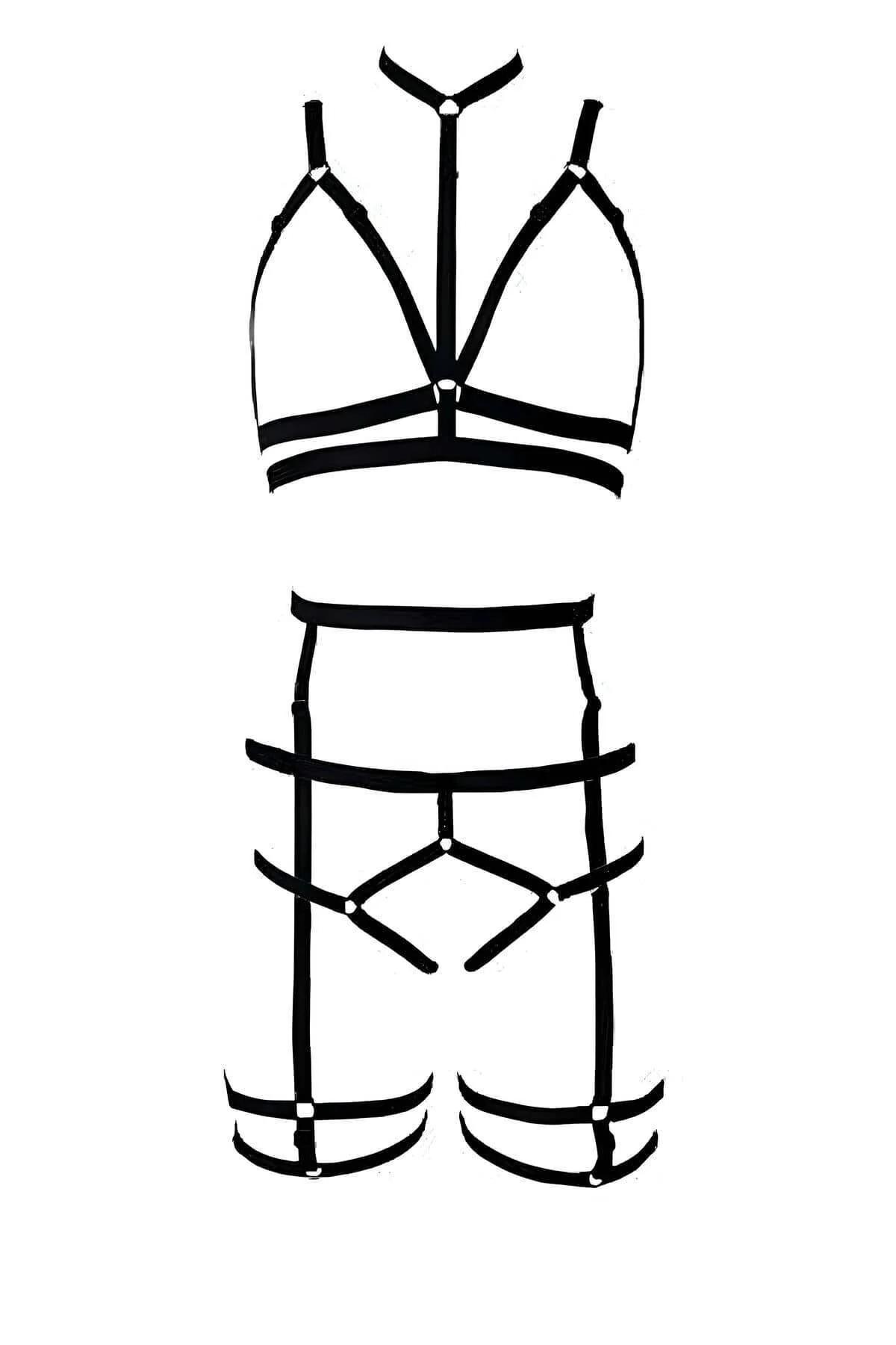 Strappy Body Harness Lingerie Set with Leg Garters