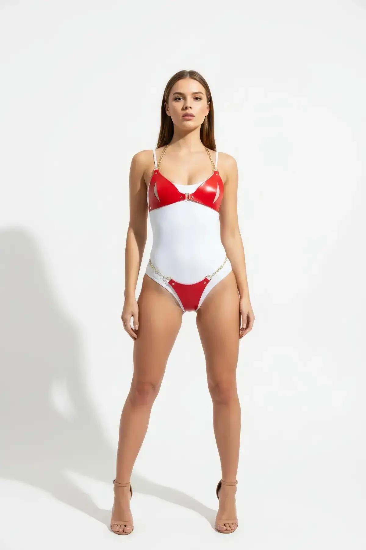 Red & White Faux Leather Bodysuit Harness with Chain Detail