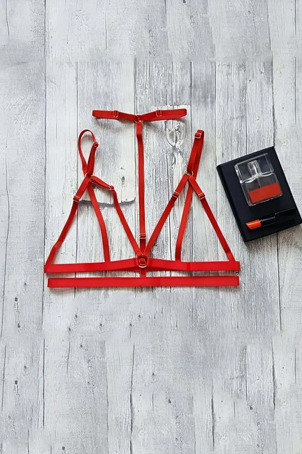 Strappy Red Body Harness with O-Ring Choker