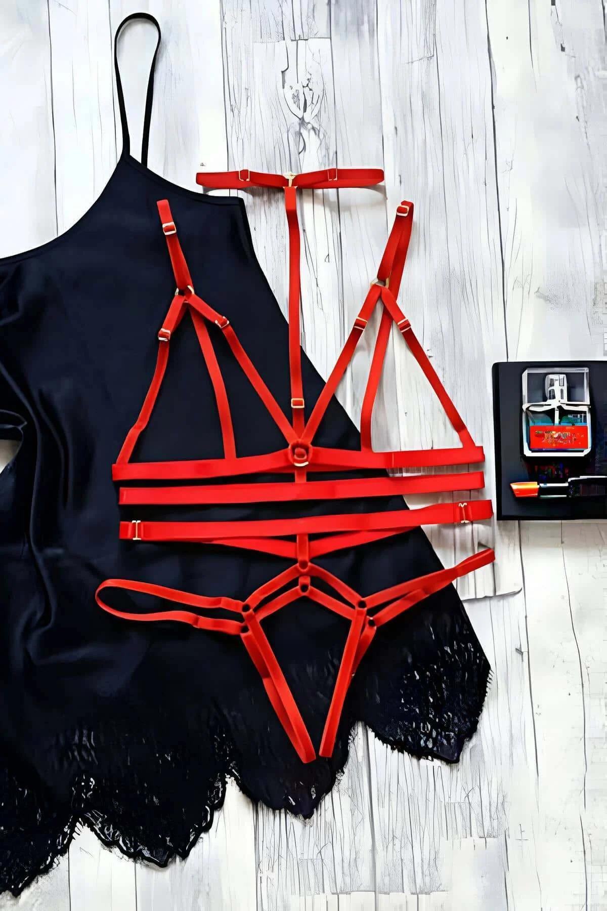 Red Strappy Harness Bralette & Thong Lingerie Set