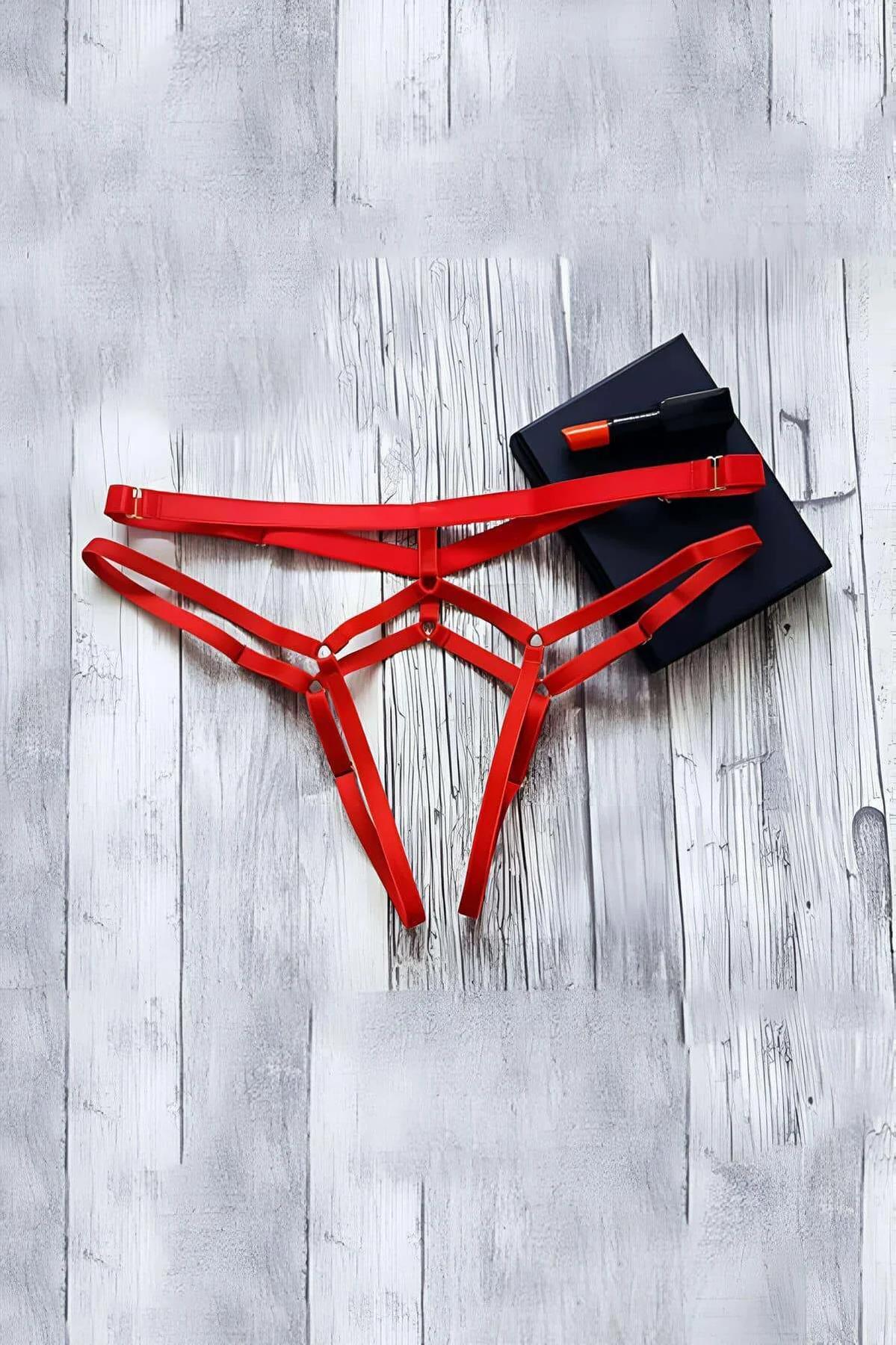 Red Strappy Thong Harness with Adjustable Waist
