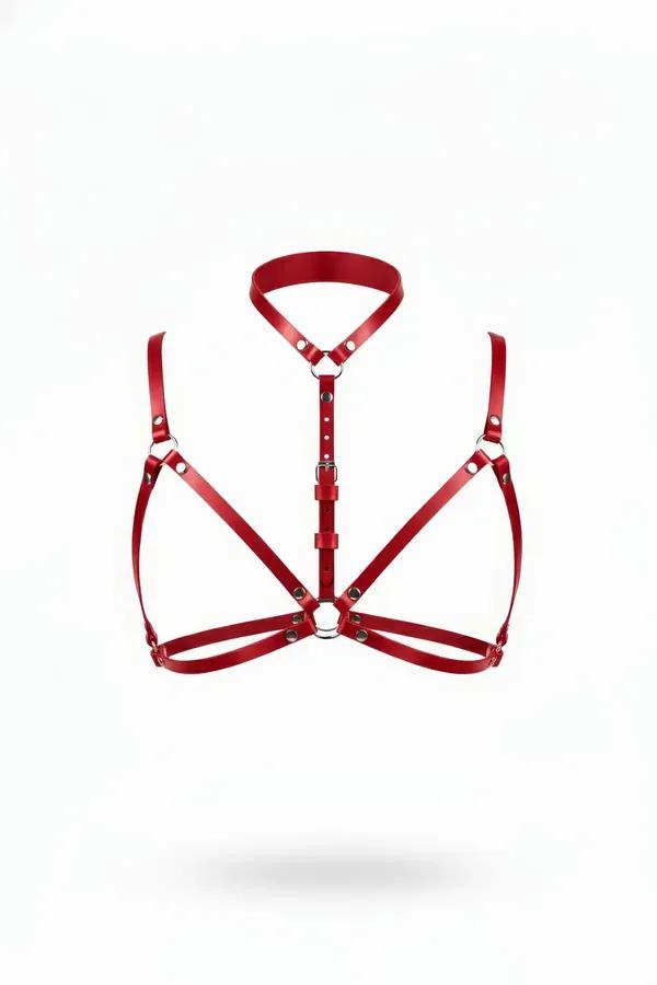 Red Faux Leather Chest Harness with High Neck Choker
