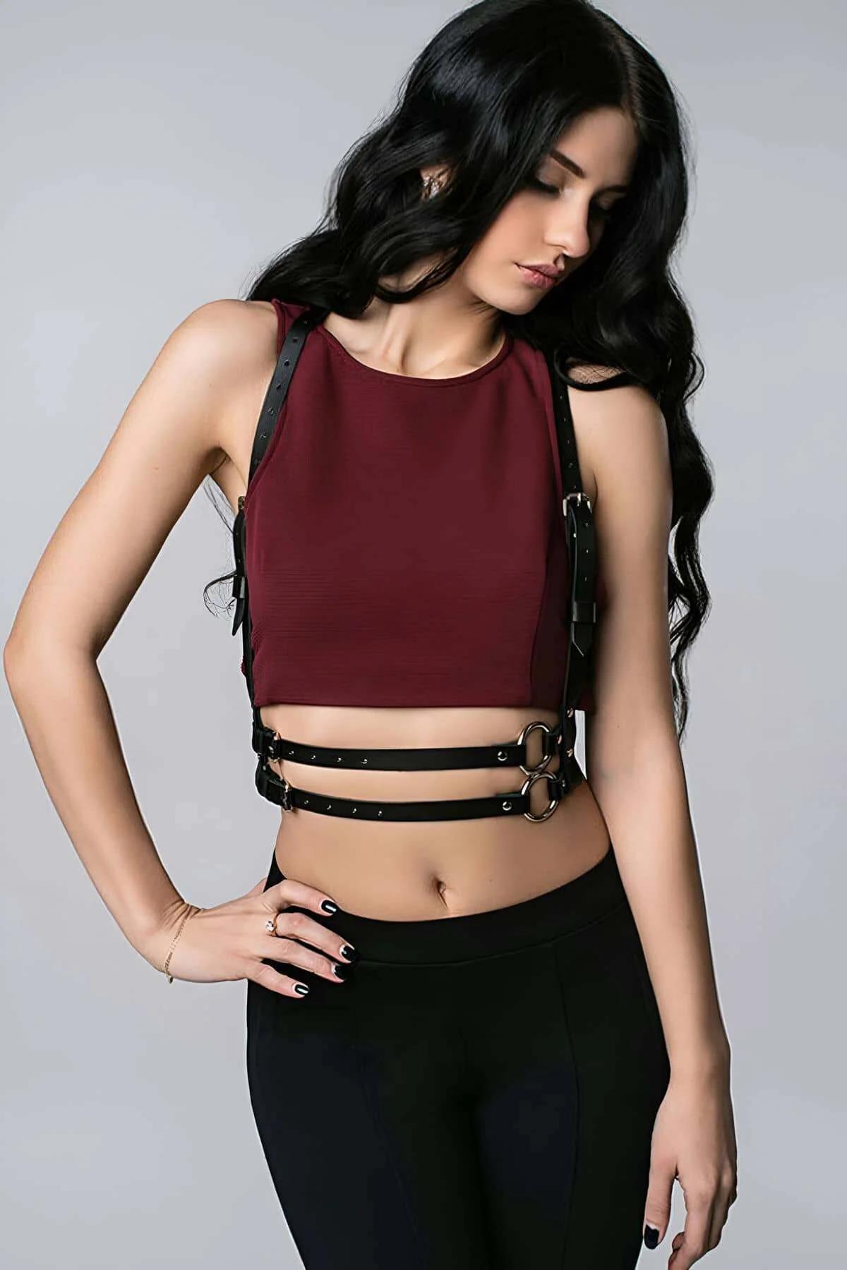 Strappy Faux Leather Harness with Double O-Rings