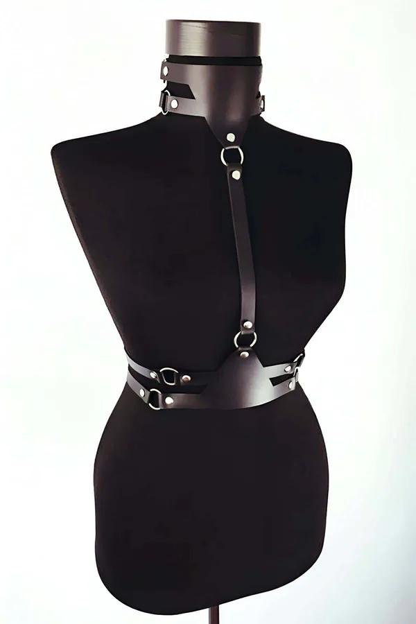 Black Faux Leather Body Harness with O-Ring Accents