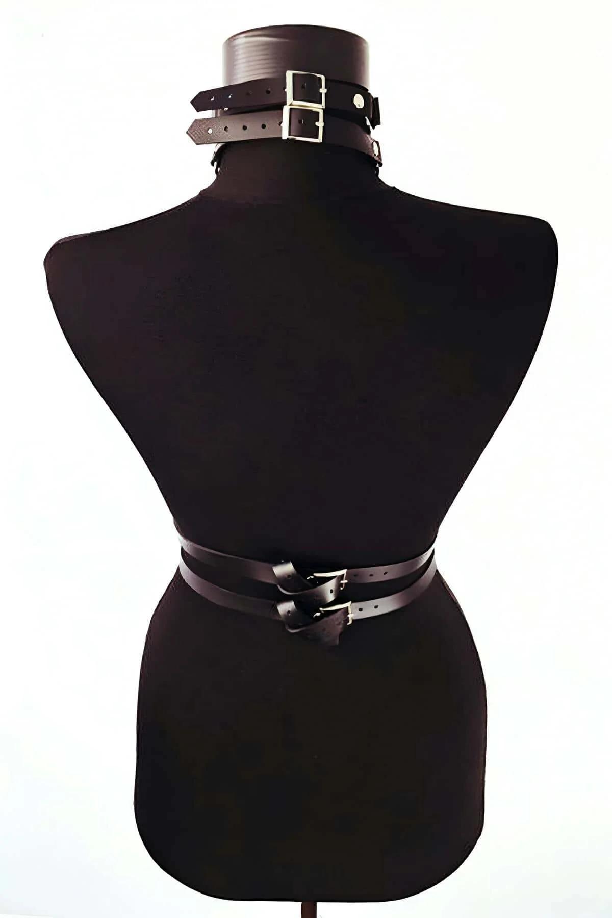 Black Faux Leather Body Harness with O-Ring Accents
