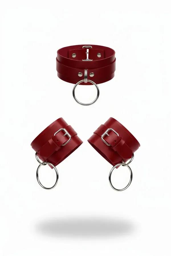 Red O-Ring Faux Leather Choker & Wrist Cuffs Set