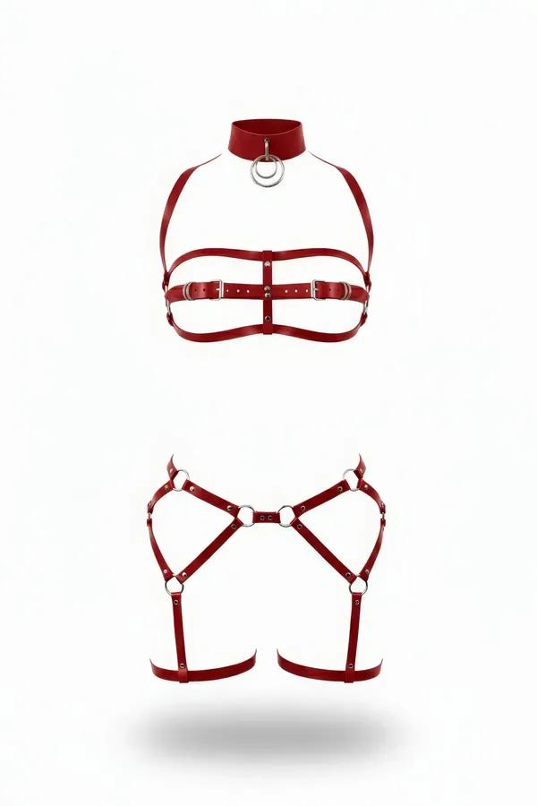 Red Faux Leather High Collar Chest & Garter Harness Set