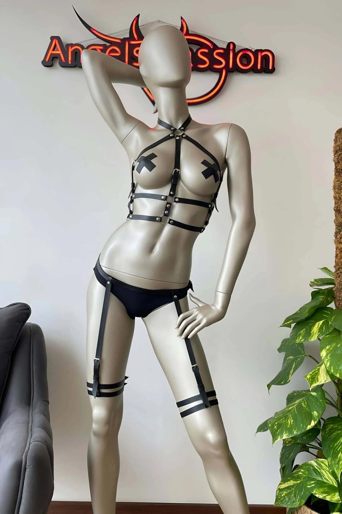 Adjustable Faux Leather Full Body Harness with Garters