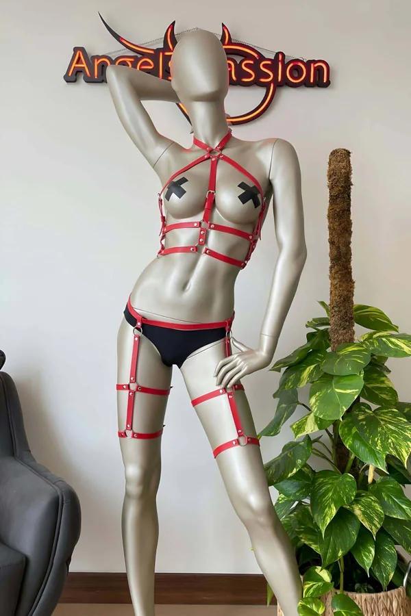 Strappy Red Faux Leather Harness & Thigh Garter Set