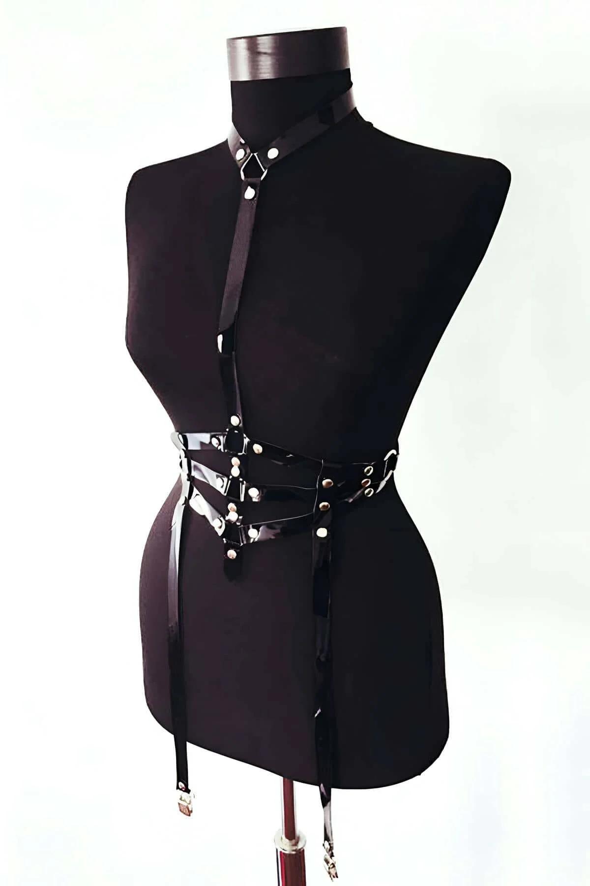 Glossy Faux Leather Body Harness with Garter Straps