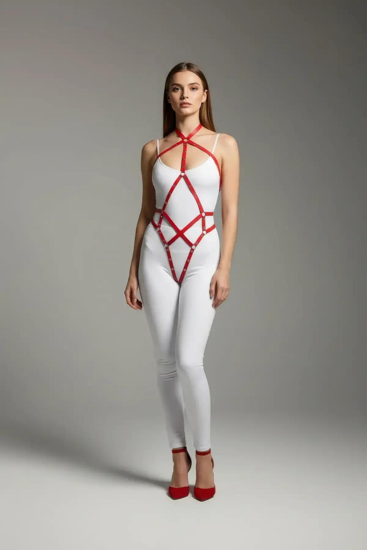 Strappy Body Harness with Red Vegan Leather