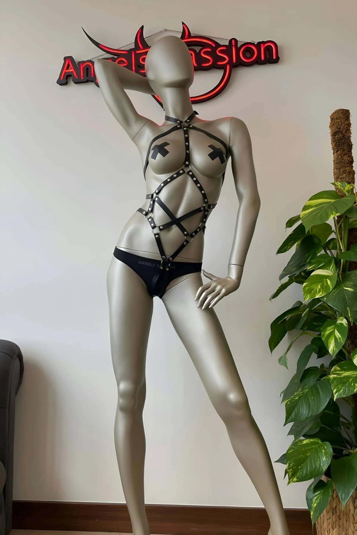 Black Faux Leather Full Body Harness with O-Ring Chain and Stud Detail