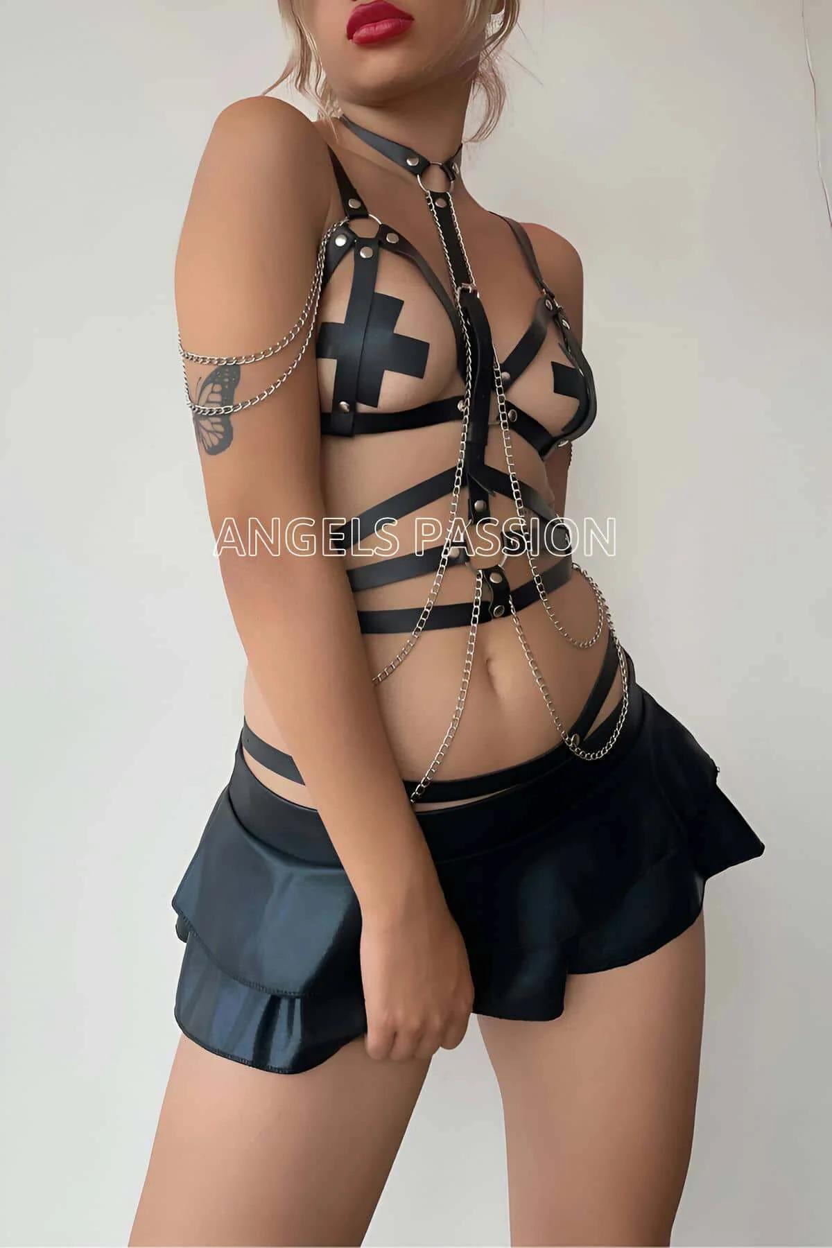 Faux Leather Full Body Harness with Chain Accents