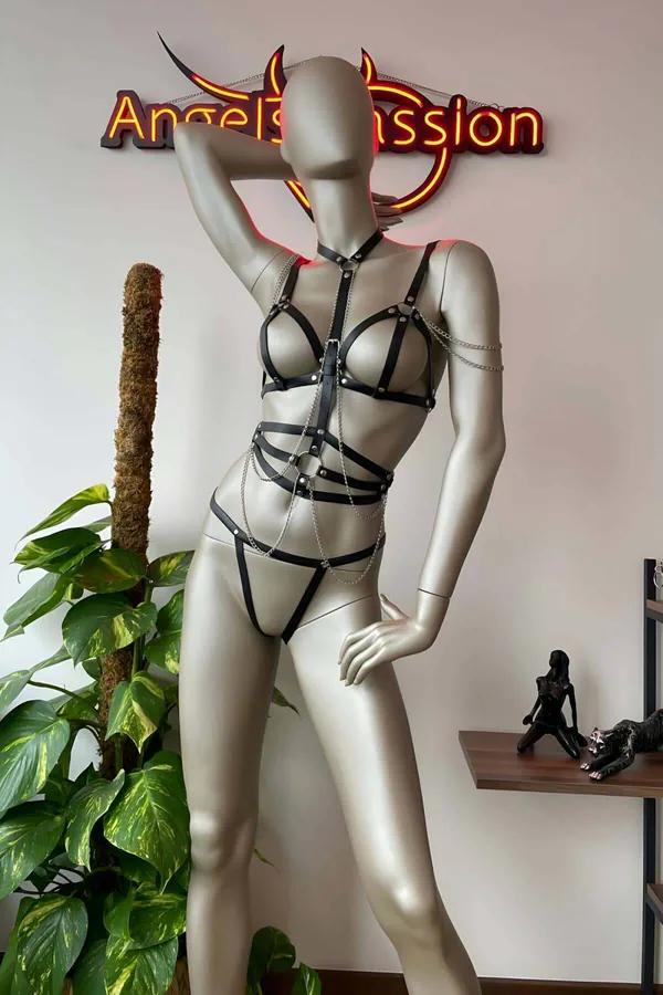 Faux Leather Full Body Harness with Chain Accents
