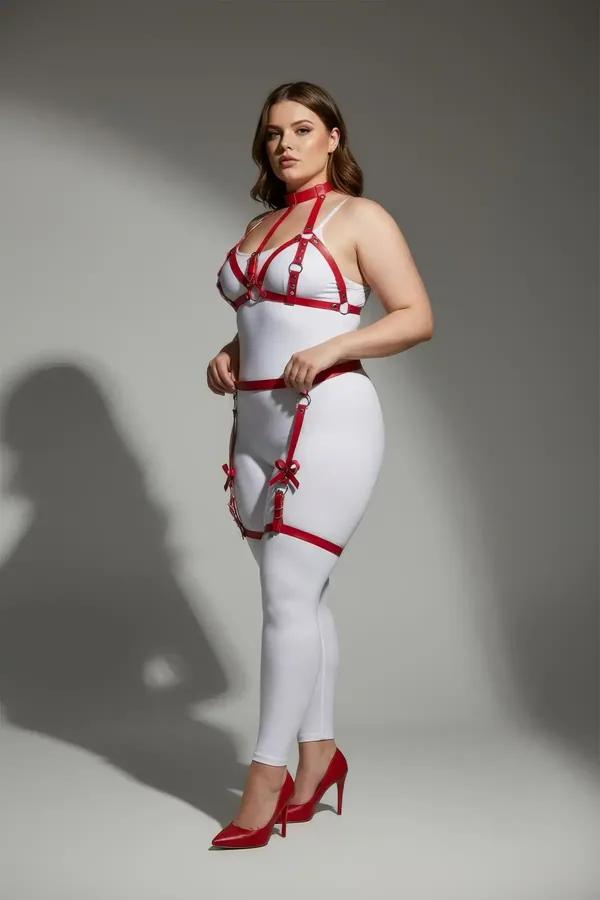 Red Faux Leather Garter Harness with Bow Detail
