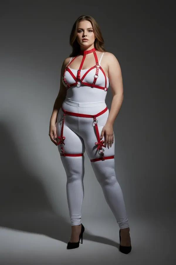 Red Faux Leather Garter Harness with Bow Detail