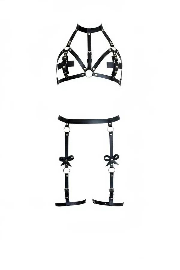 High Neck Caged Harness Bra with Bow-Detail Leg Garters