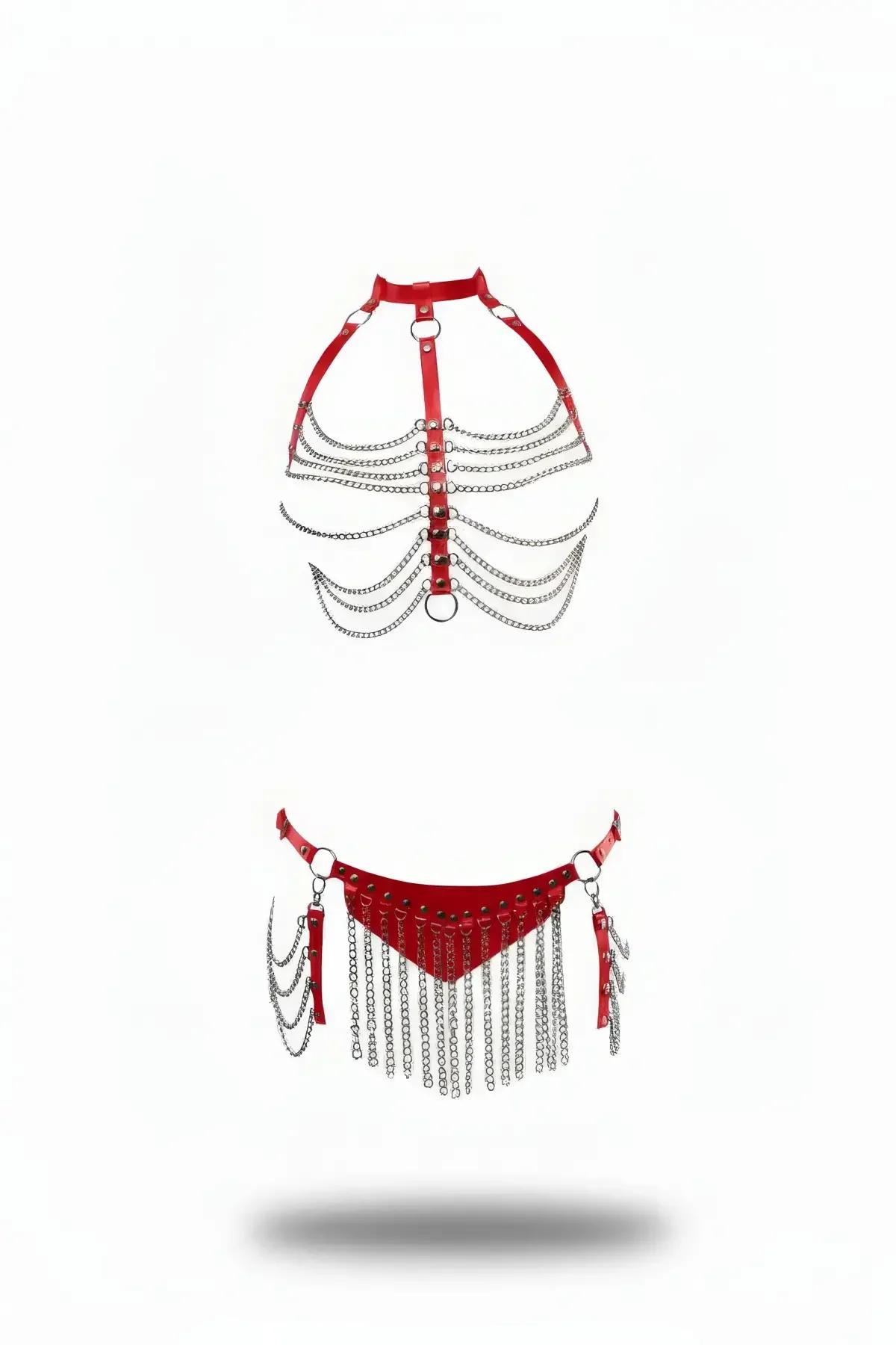 Red Faux Leather Body Harness with Chain Skirt Set