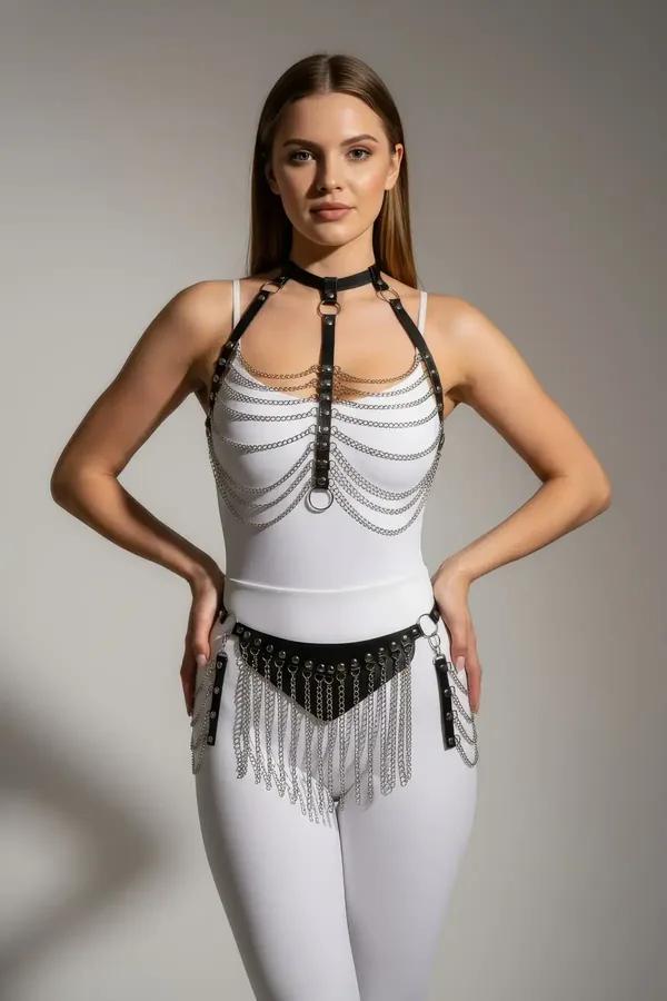 Black Faux Leather Body Harness with Draped Chain Skirt