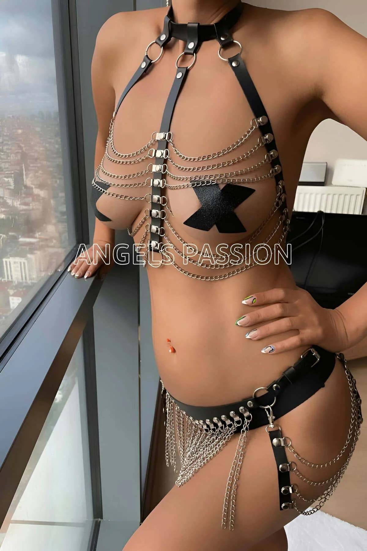 Faux Leather Harness Set with Chain Bralette and Fringed Skirt