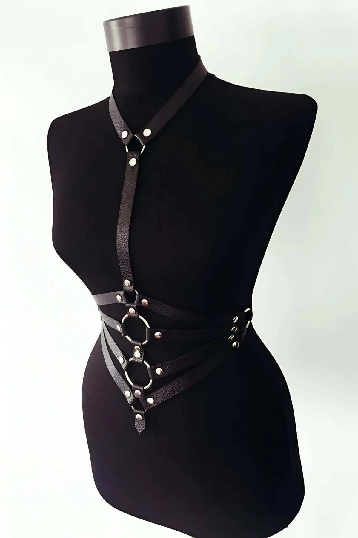 Black Faux Leather Body Harness with O-Rings