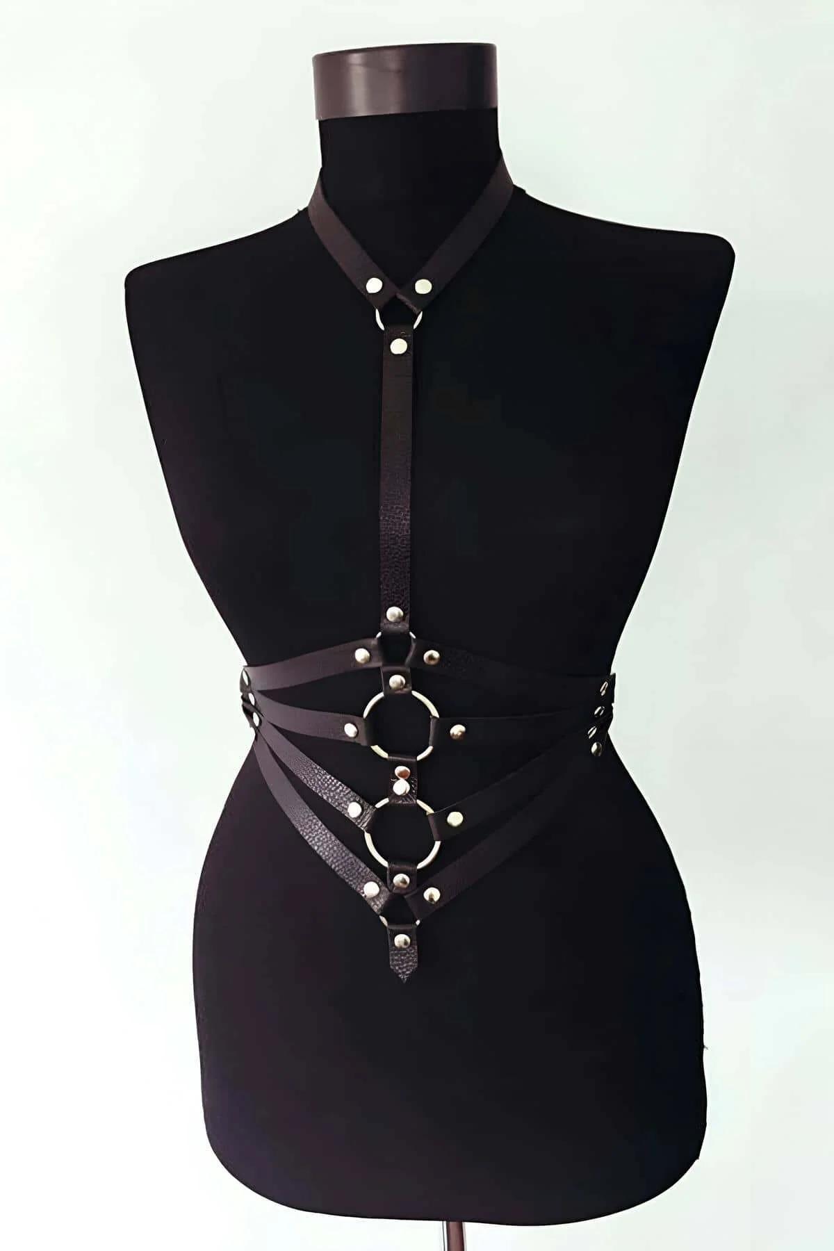 Black Faux Leather Body Harness with O-Rings
