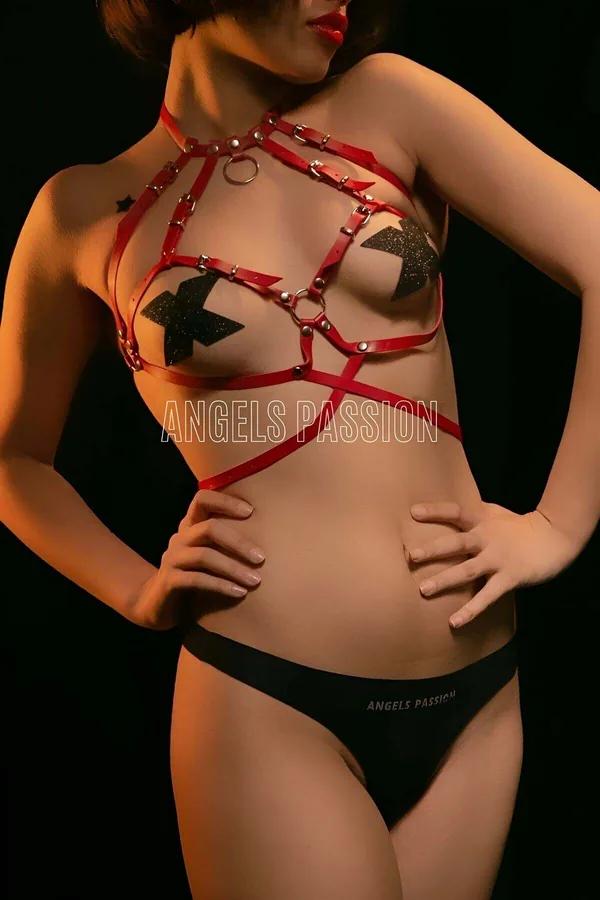 Red Faux Leather Chest Harness with O-Ring Details