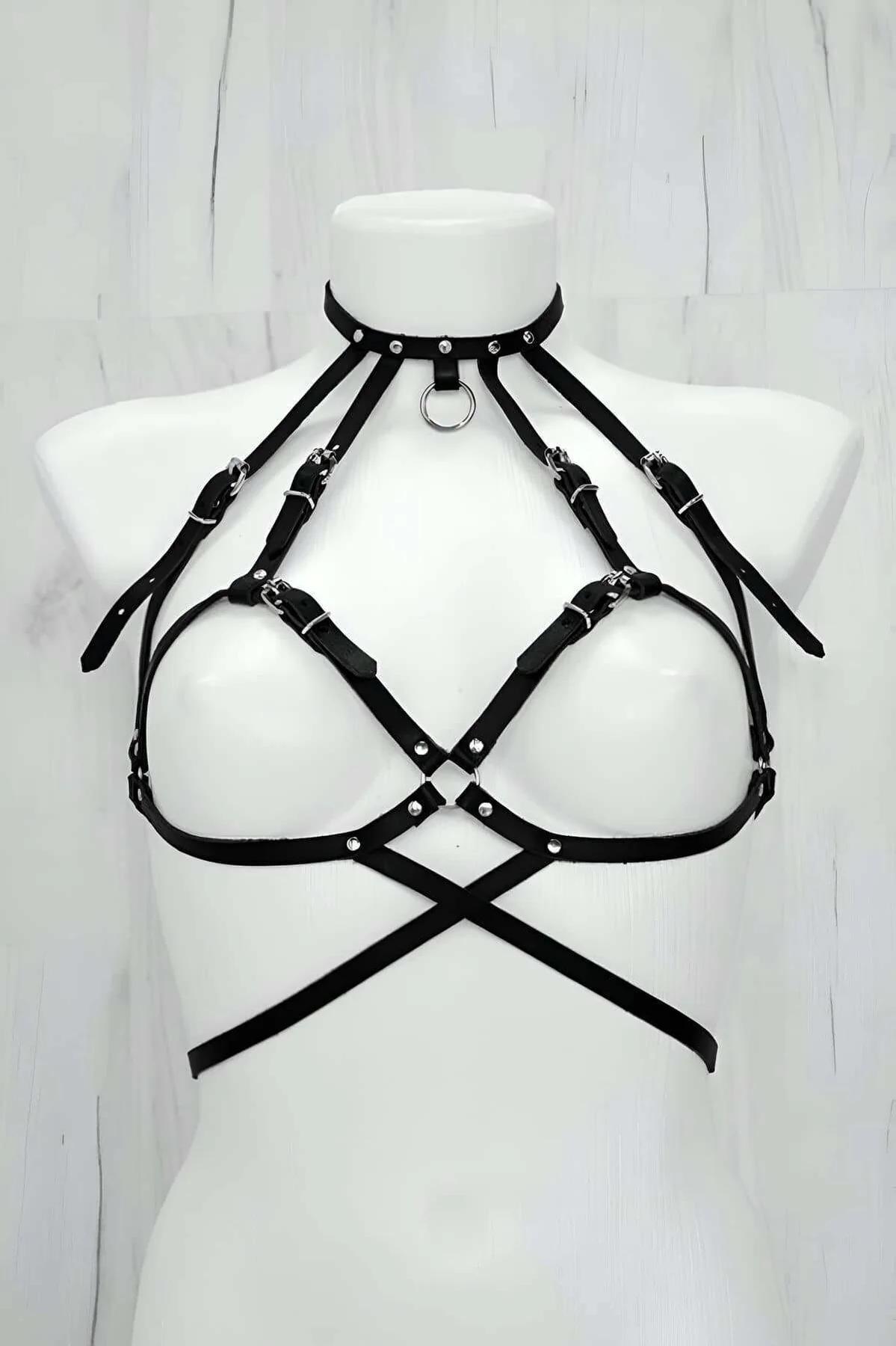 Black Faux Leather Chest Harness with O-Ring Choker