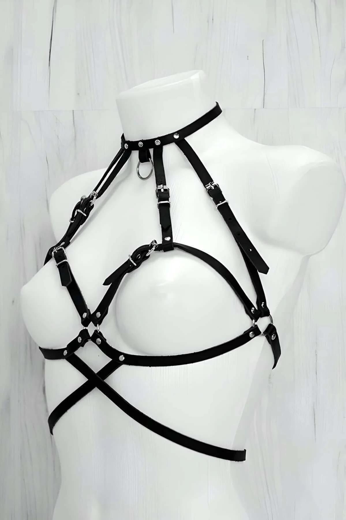 Black Faux Leather Chest Harness with O-Ring Choker
