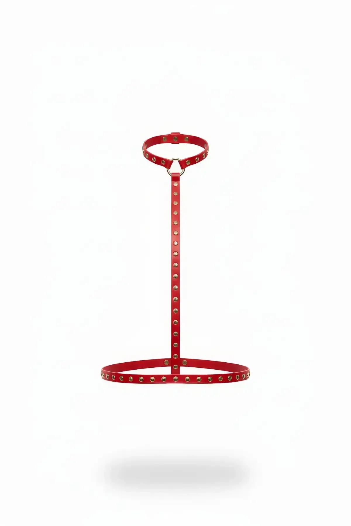 Studded Choker to Waist Harness in Red Faux Leather