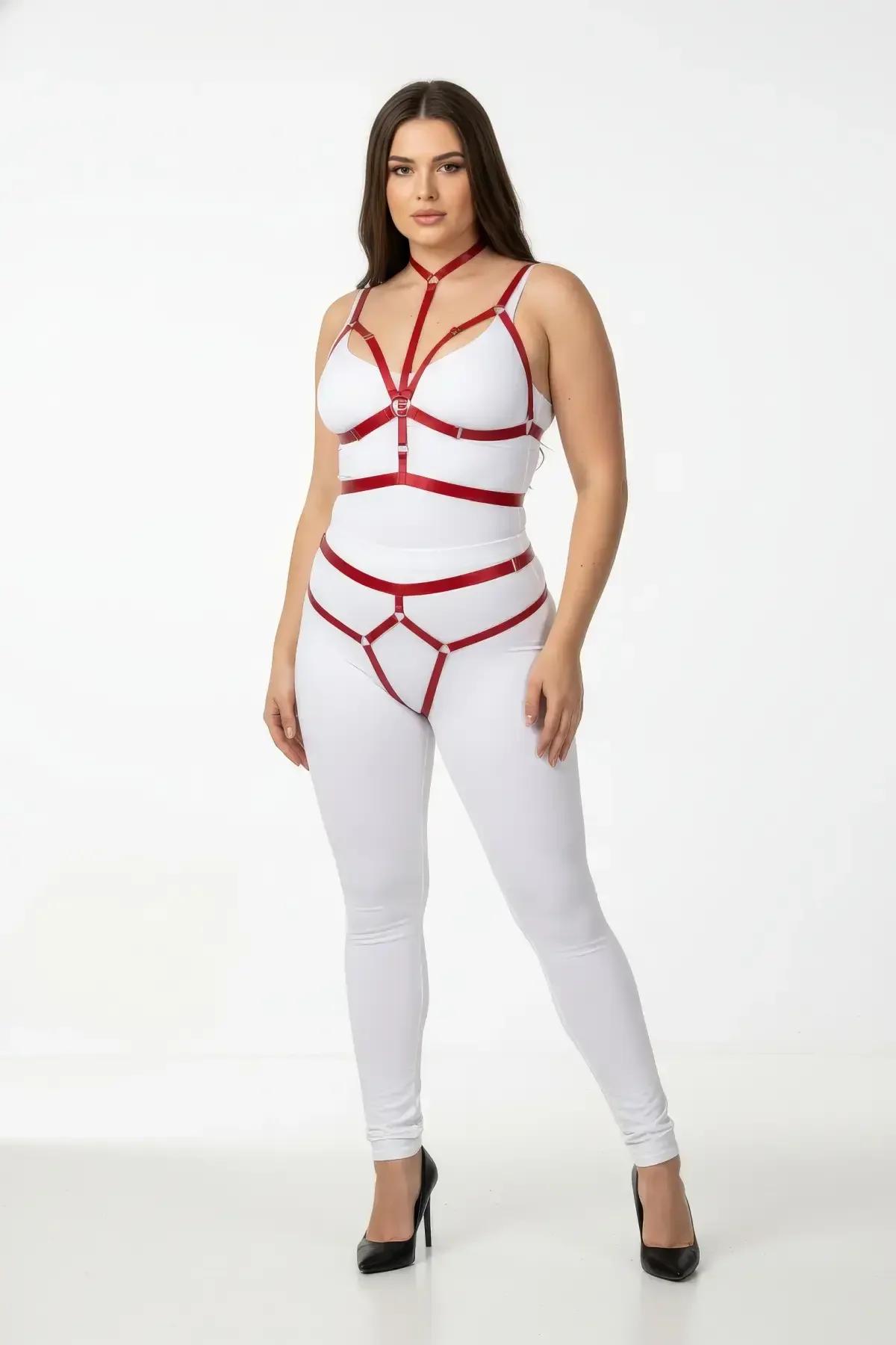 Red Full Body Cage Harness with Thigh Straps