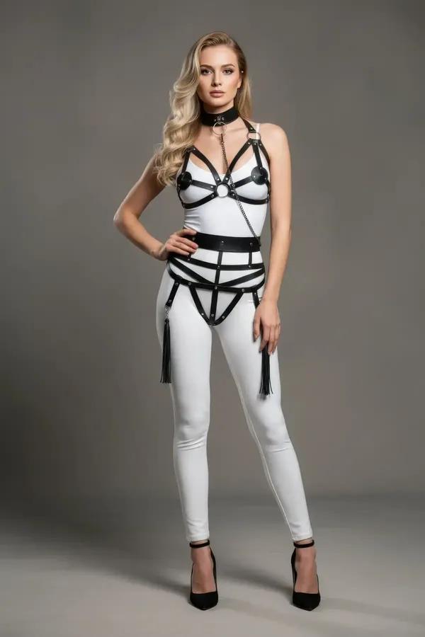 Black Faux Leather Body Harness with Choker and Chains