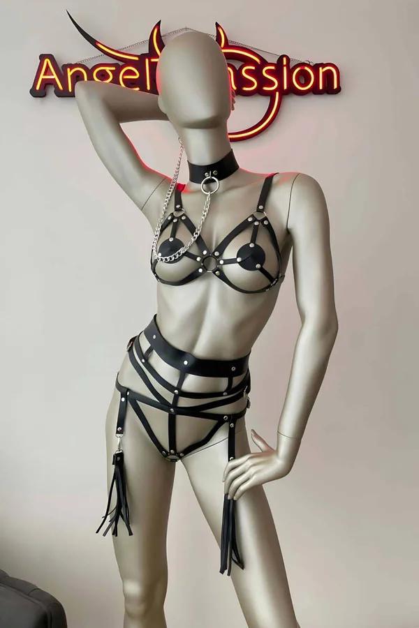 Open Cup Cage Harness Set with Tassel Garters & Chain