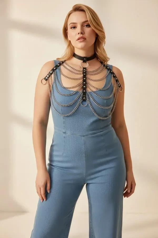 Faux Leather Choker Harness with Cascading Chains