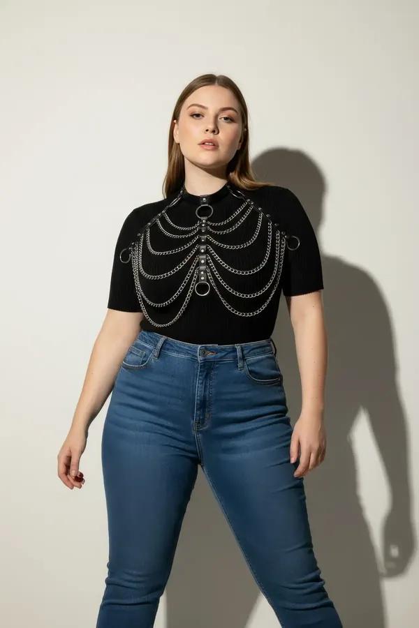 Faux Leather Choker Harness with Cascading Chains
