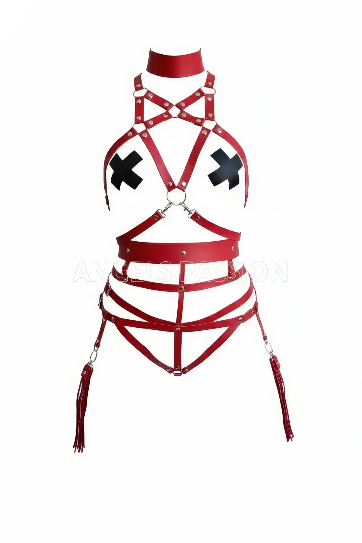 Red Faux Leather Body Harness with Choker and Leg Straps