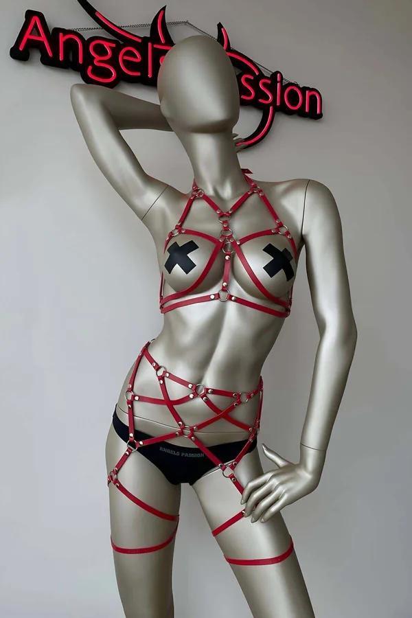 Red Strappy Body Harness with Integrated Garters