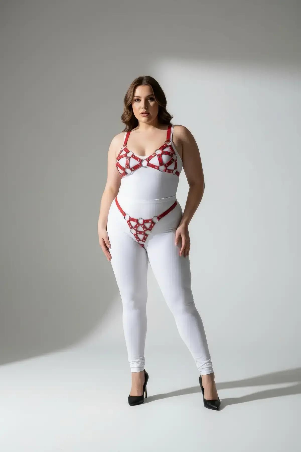Red Cage Bra & Panty Harness Set with O-Rings