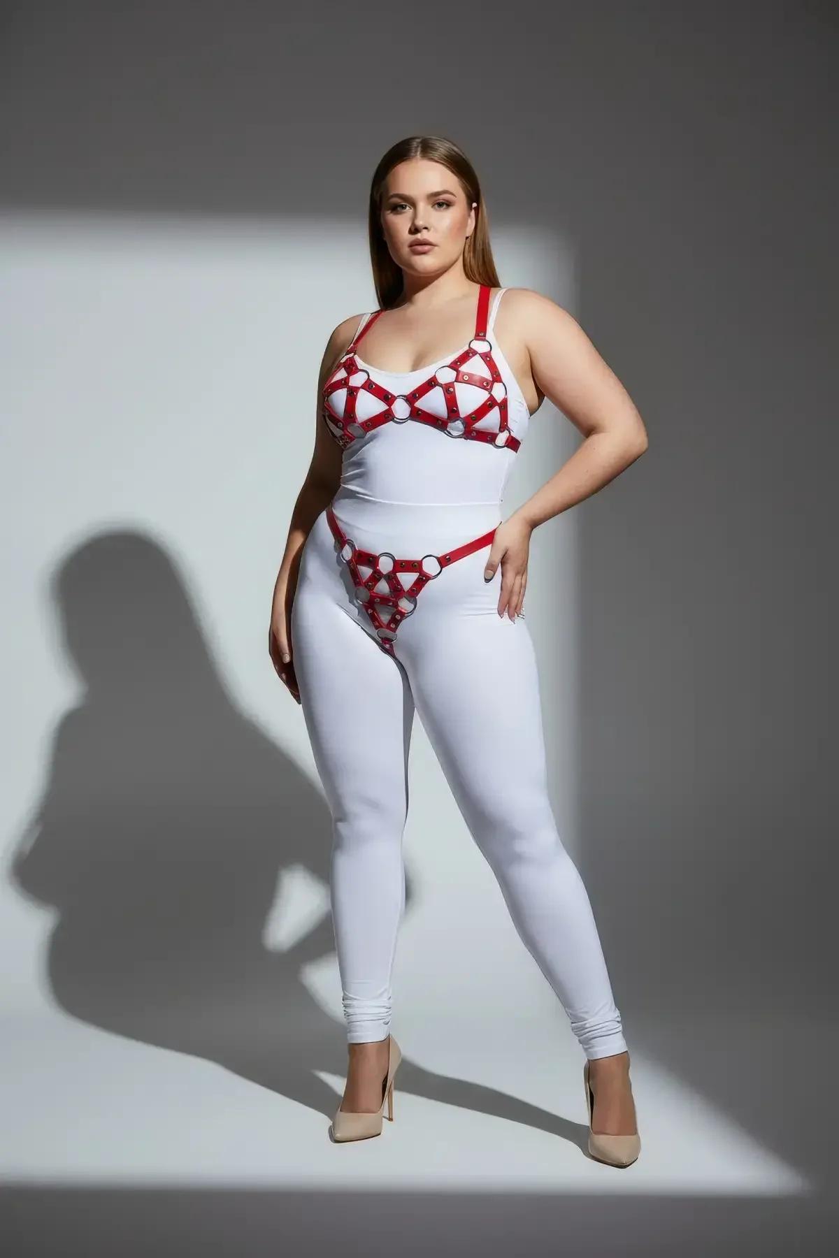 Red Cage Bra & Panty Harness Set with O-Rings