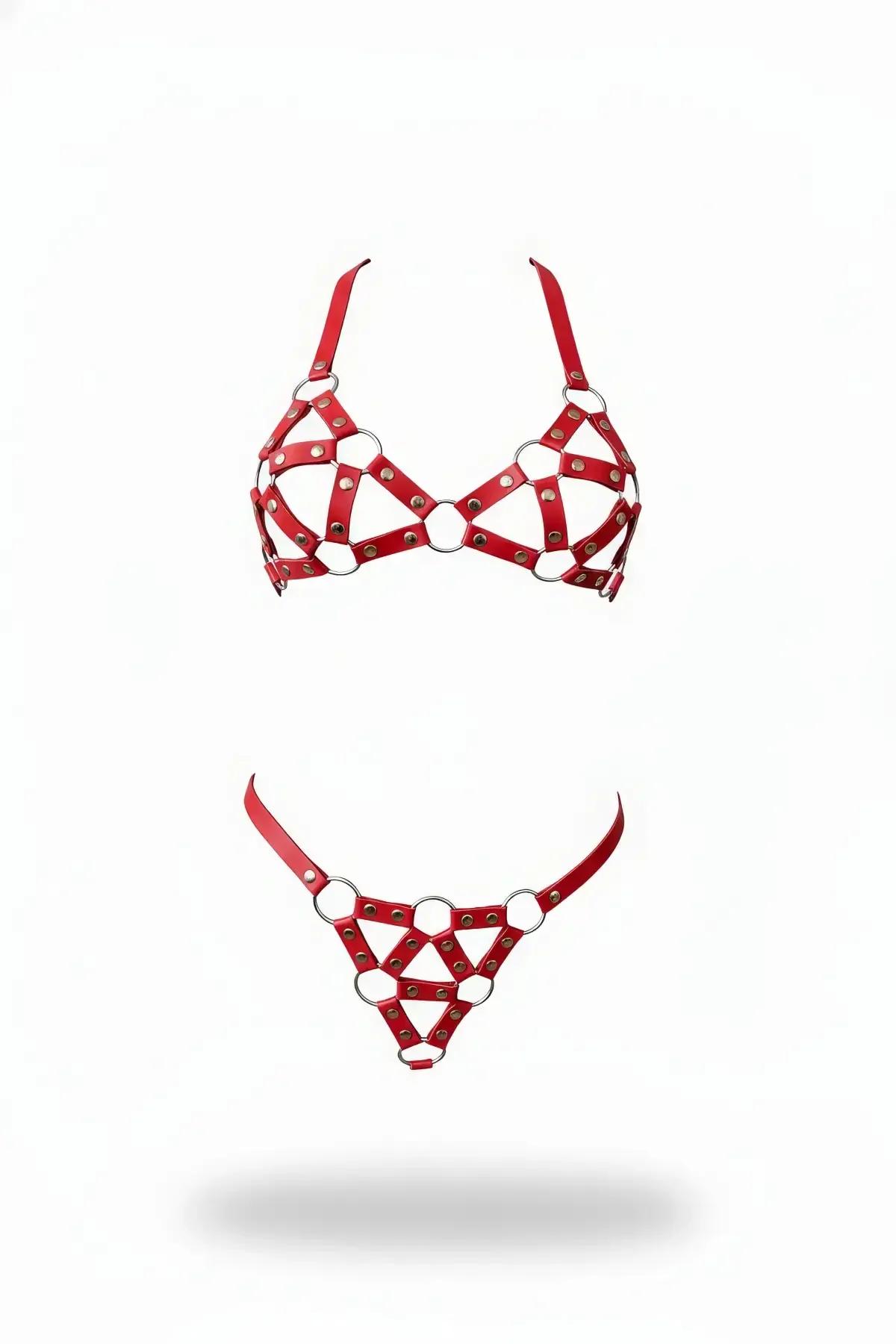 Red Strappy Harness Bra & Thong Set with O-Rings