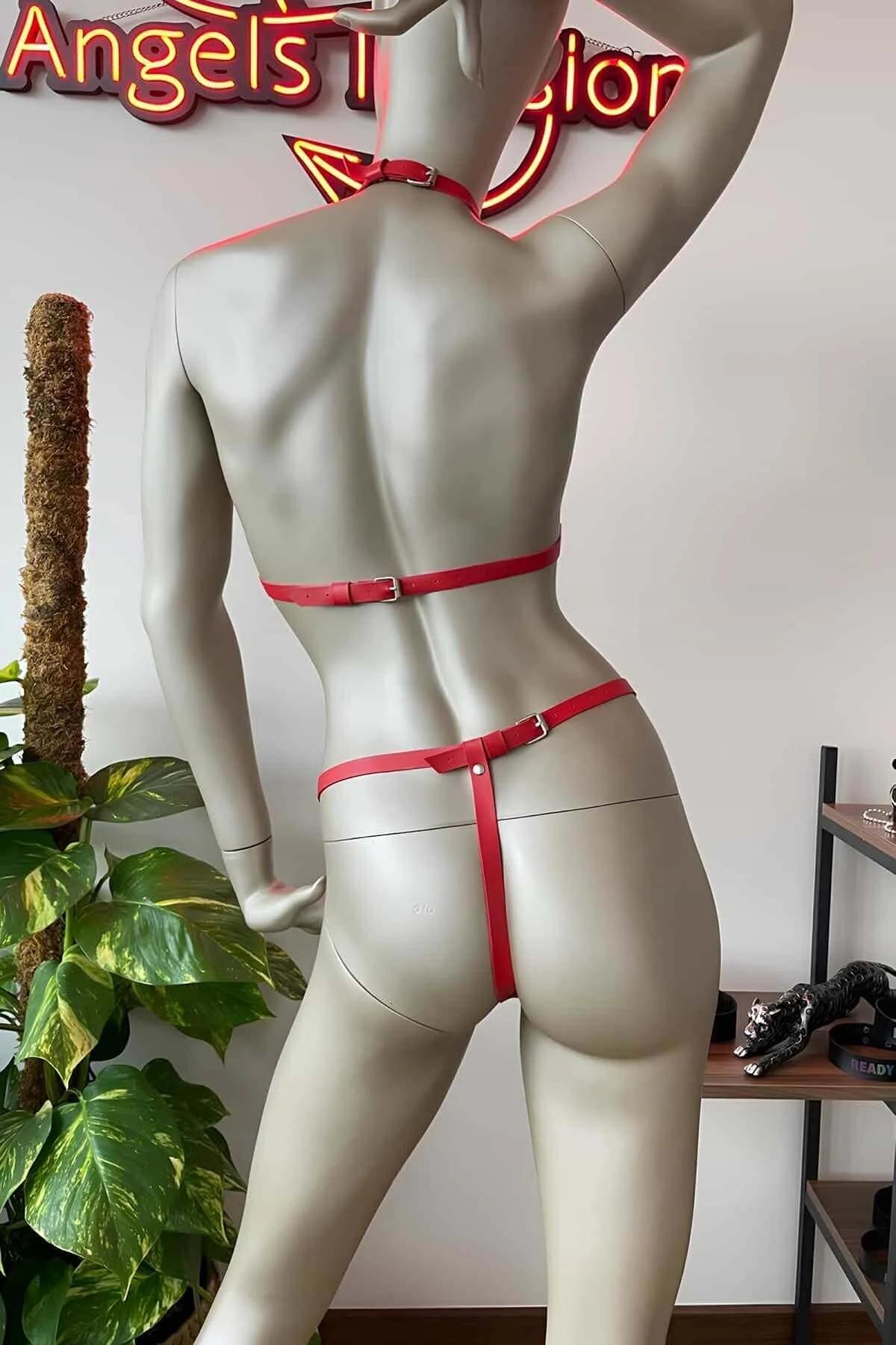 Caged Faux Leather Bra & Thong Harness Set