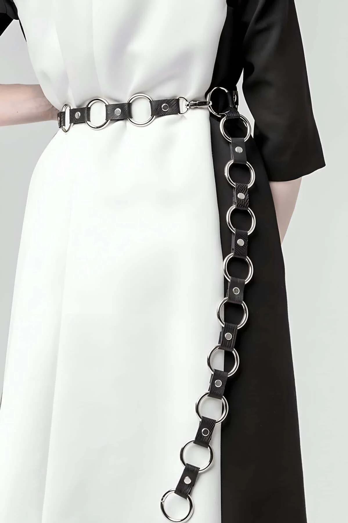 Black Ring Chain Faux Leather Belt