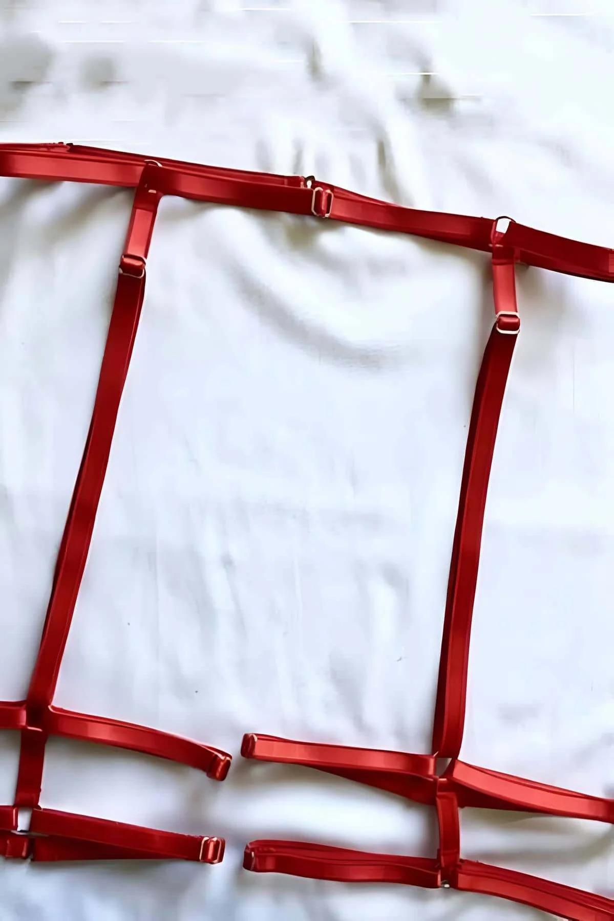 Red Strappy Garter Harness with Adjustable Thigh Bands